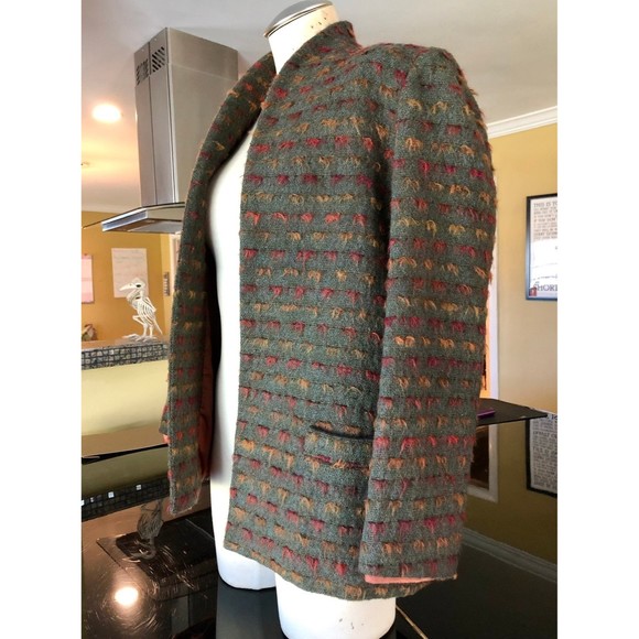 Vintage Elliot Lauren Open Front Textured Wool Blazer Jacket Brown Orange Silk - Picture 3 of 12